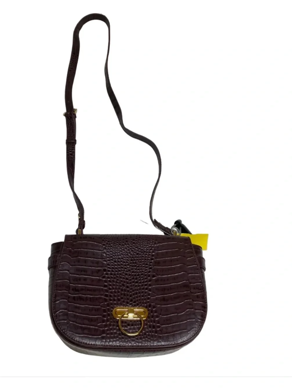 Croc-Embossed Crossbody Saddle Bag in Plum